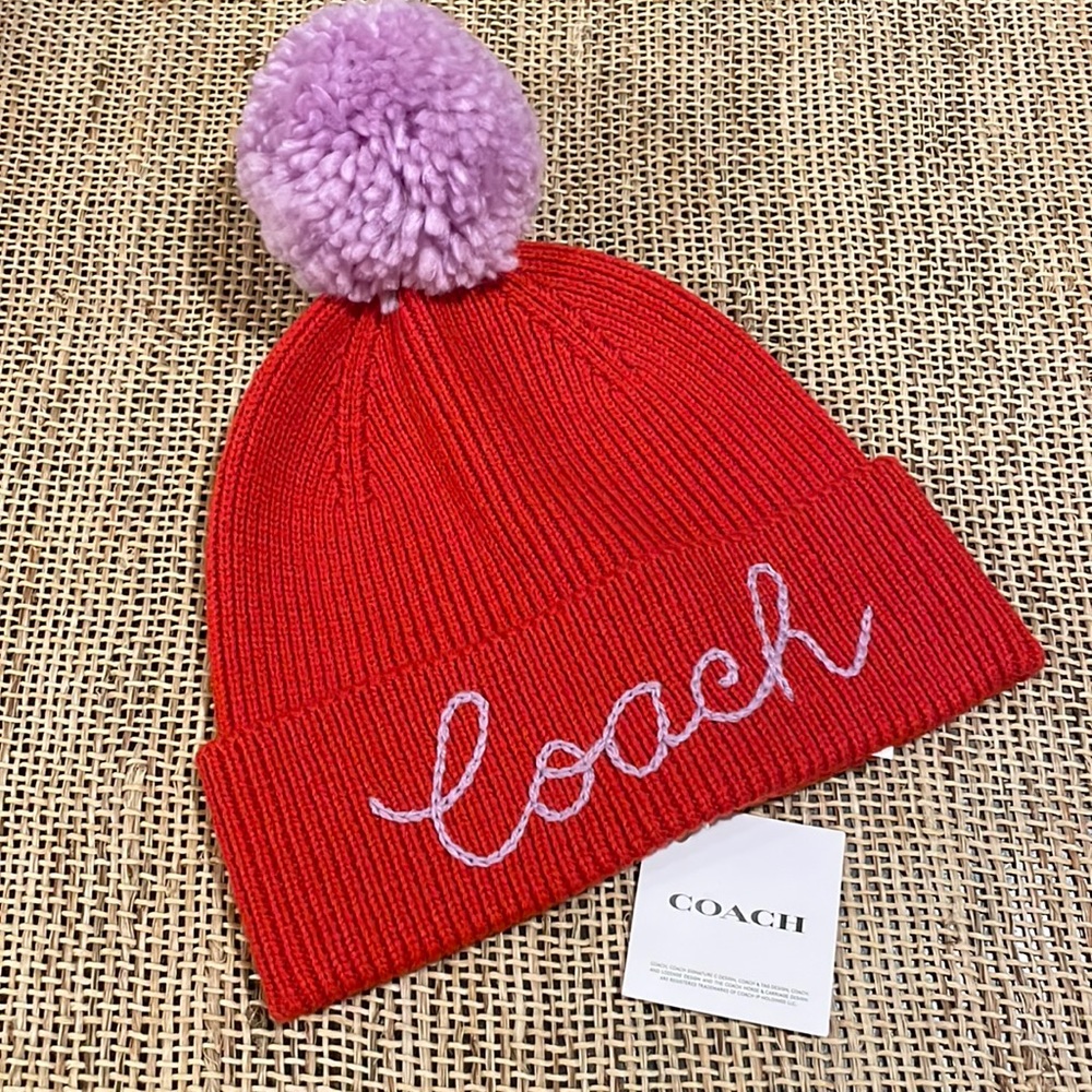 COACH Script Logo Pom Pom Beanie, NWT - Picture 1 of 8